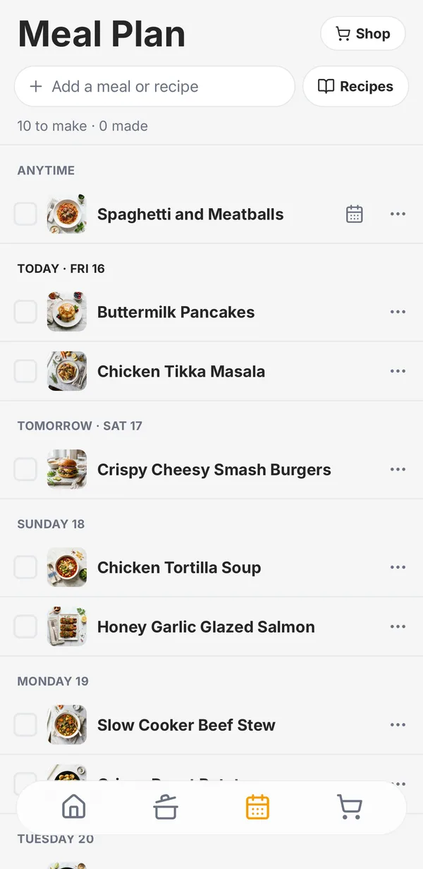 The new meal plan: Anytime meals on top, then a section for each day