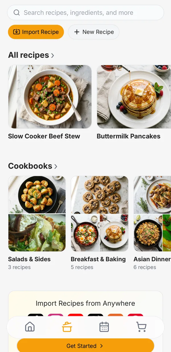 Hearth's recipe library with an Import Recipe button